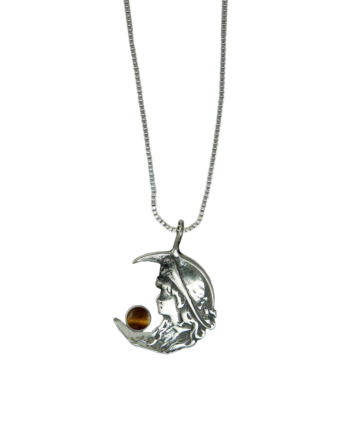 Sterling Silver Young Moon Goddess Pendant With Tiger Eye